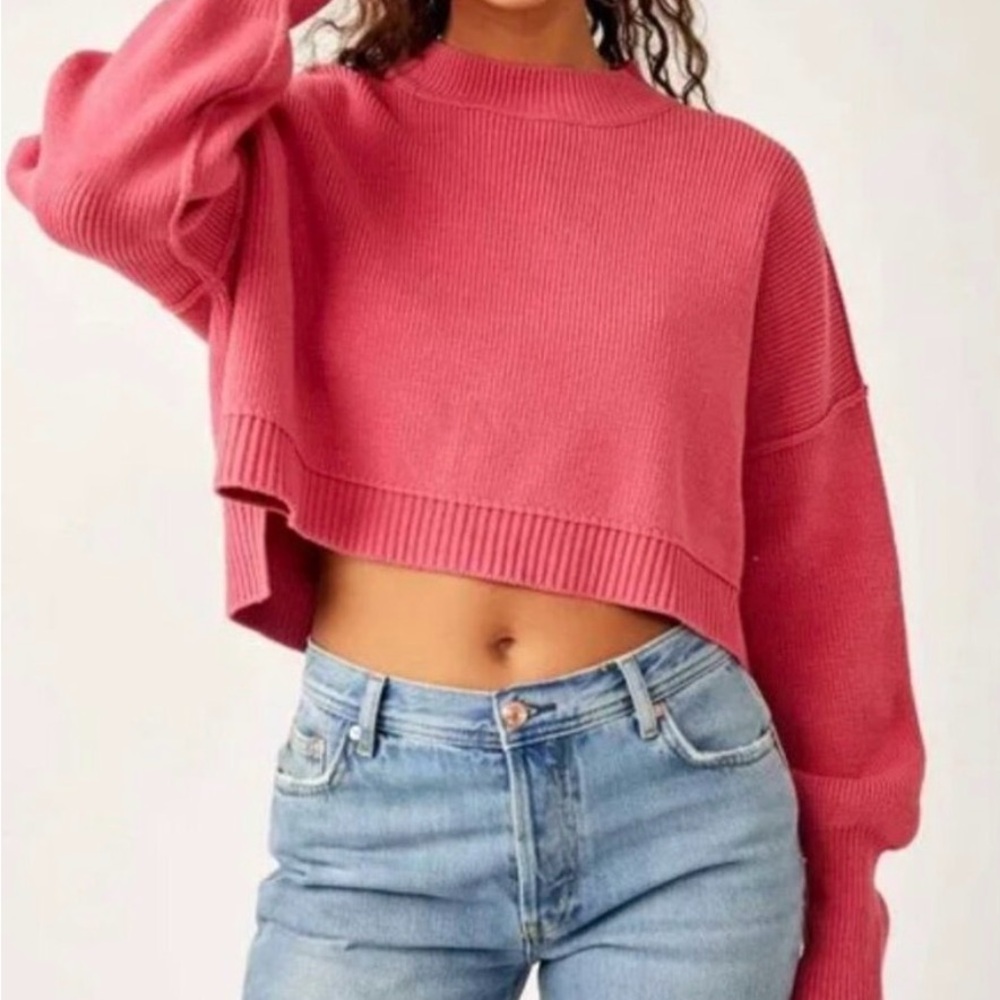 Free People Easy Street Vibrant Pink Crew Neck Crop Sweater NWT Size Large